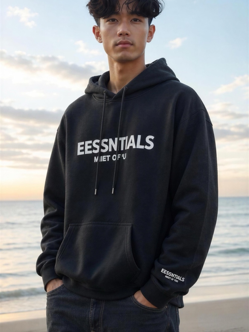Essentials Black Hoodie with White Logo for Men